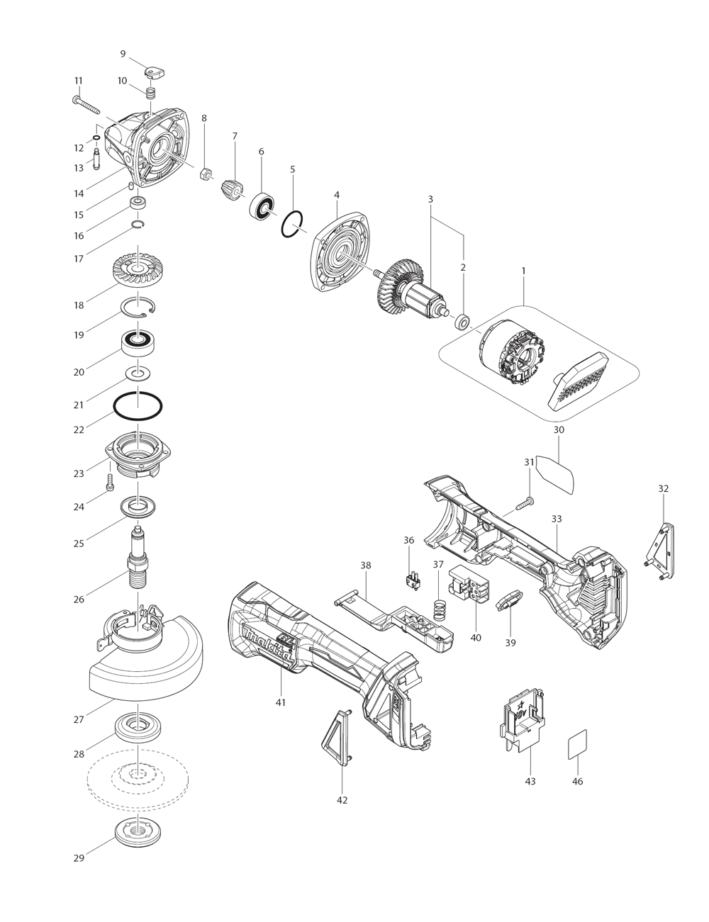 Page 1 Diagram and Parts List for XAG06MB  Makita Grinder