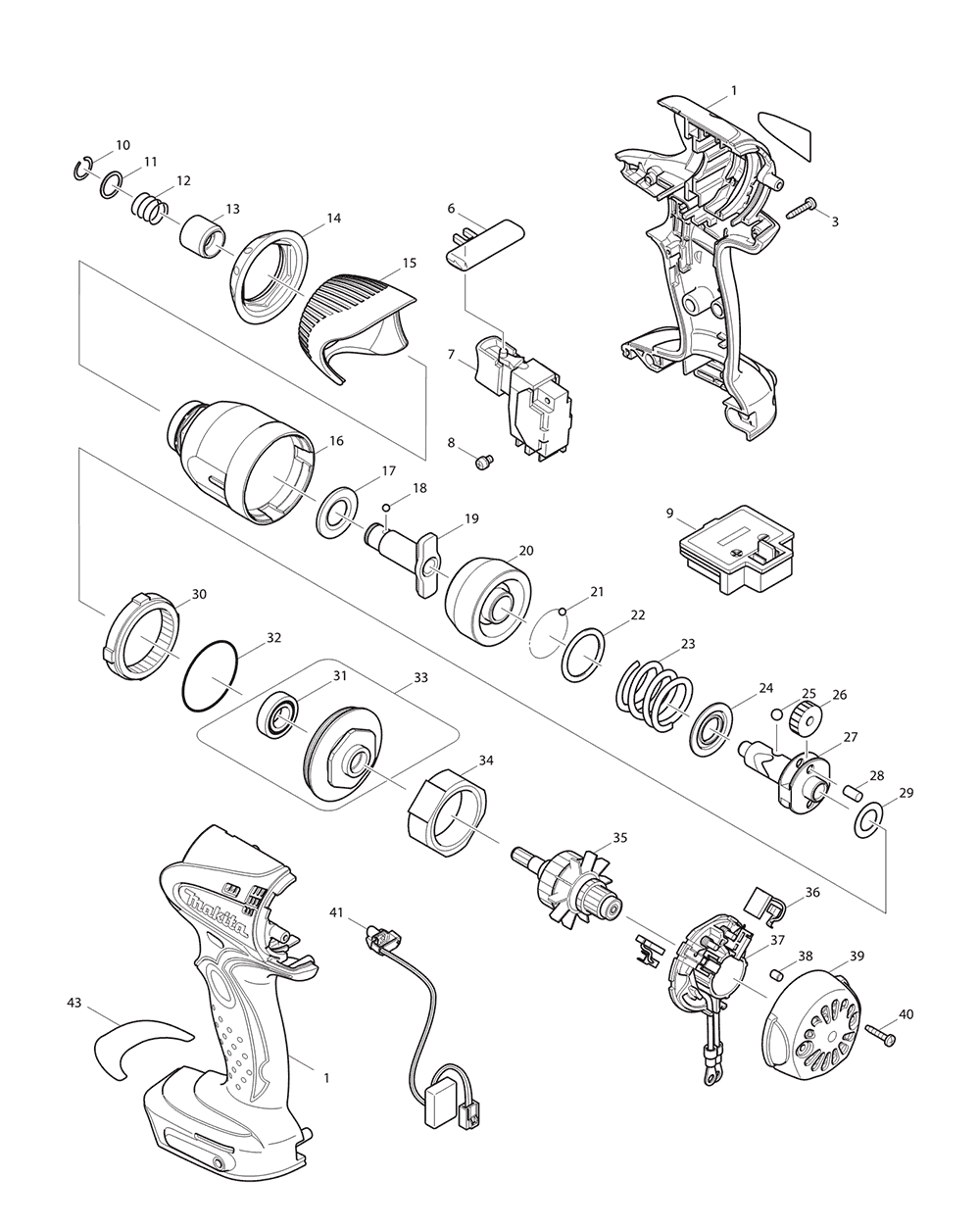 Page 1 Diagram and Parts List for BTD142H Type 1 Makita Drill