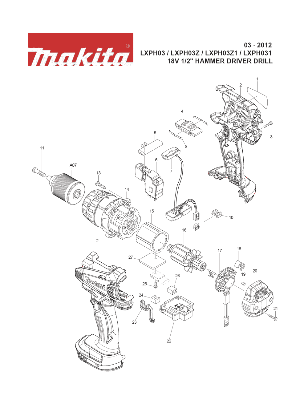 Page 1 Diagram and Parts List for LXPH031 Type 1 Makita Drill