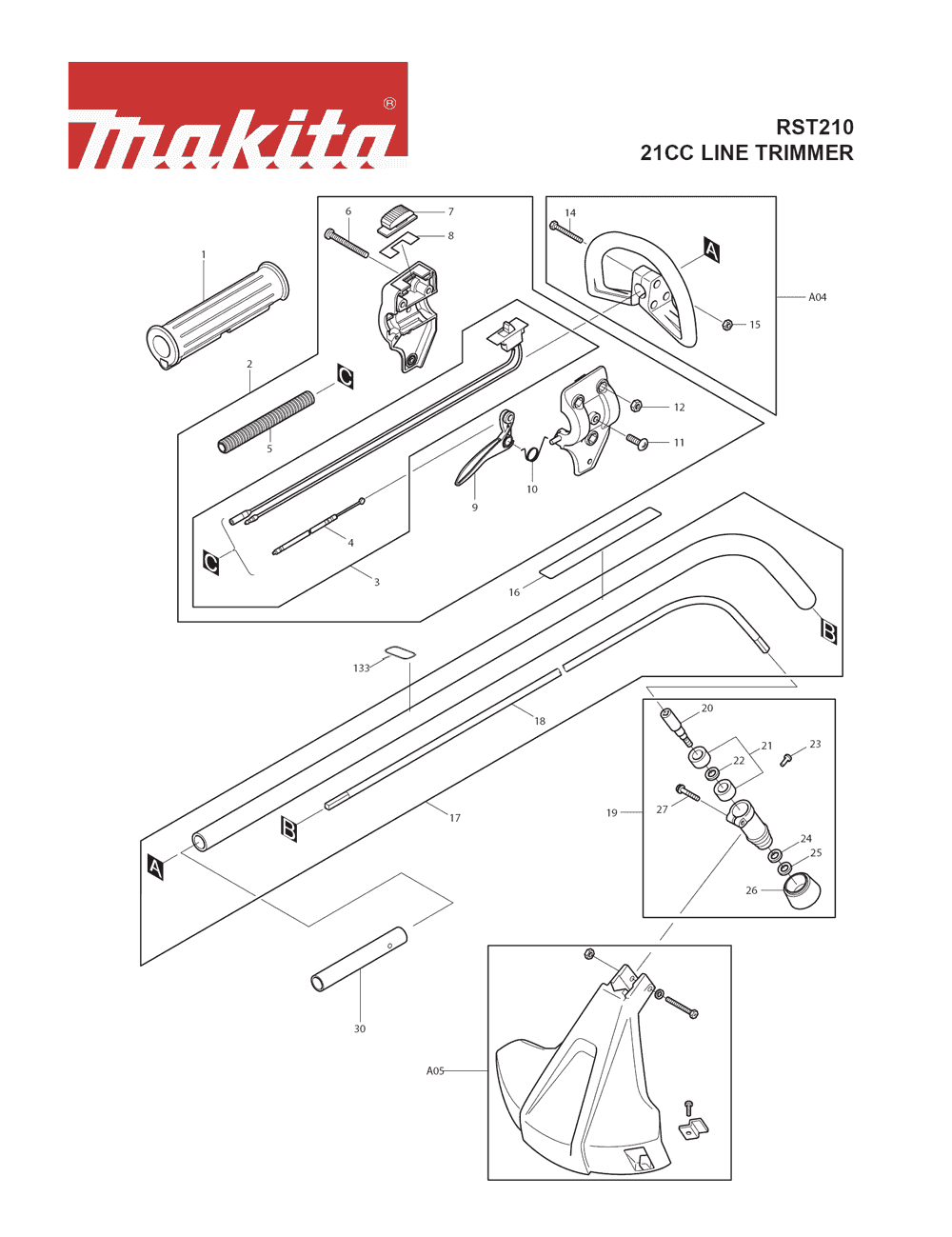 Page 3 Diagram and Parts List for RST210 Type 1 Makita Trimmer