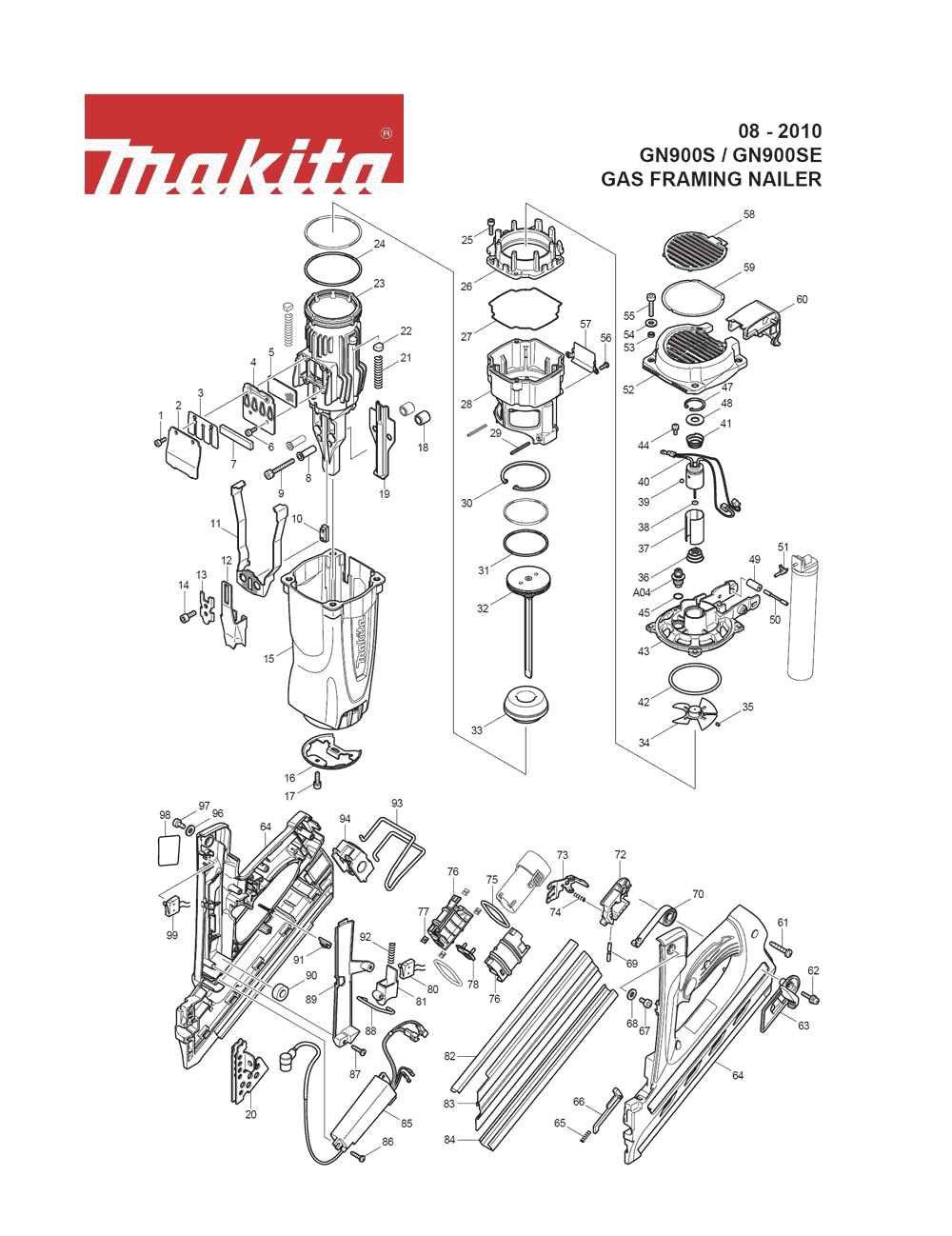 Page 1 Diagram and Parts List for GN900SE Type 2 Makita Nailer