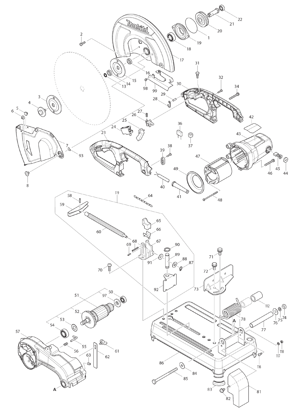 Page 1 Diagram and Parts List for LW1401  Makita Saw