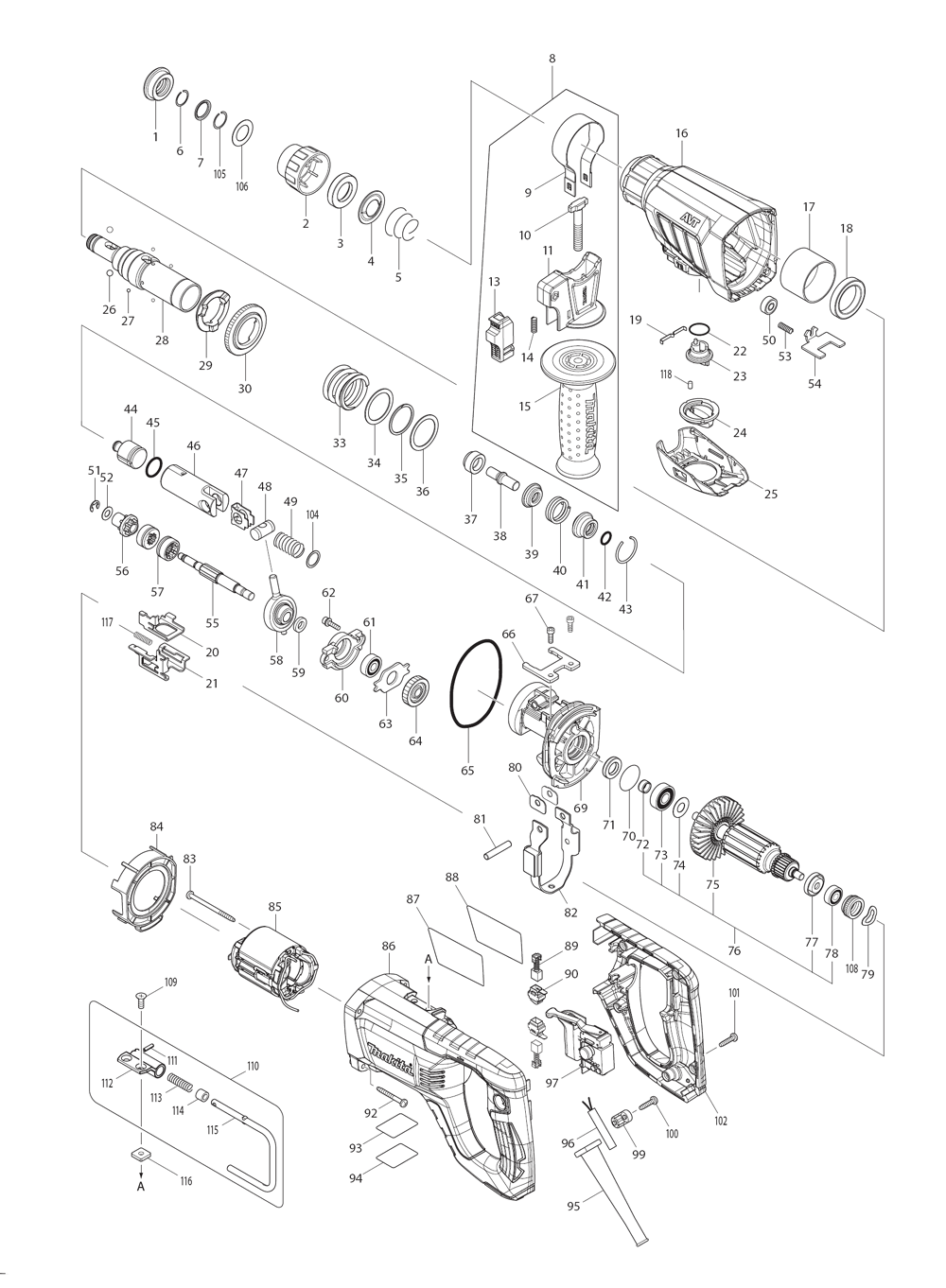 Page 1 Diagram and Parts List for HR2641X1  Makita Hammer