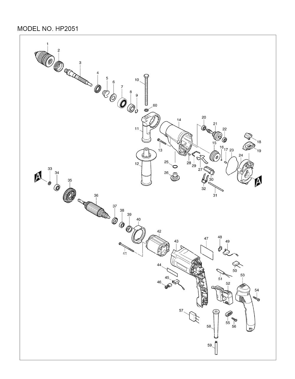 Page 1 Diagram and Parts List for HP2051  Makita Drill