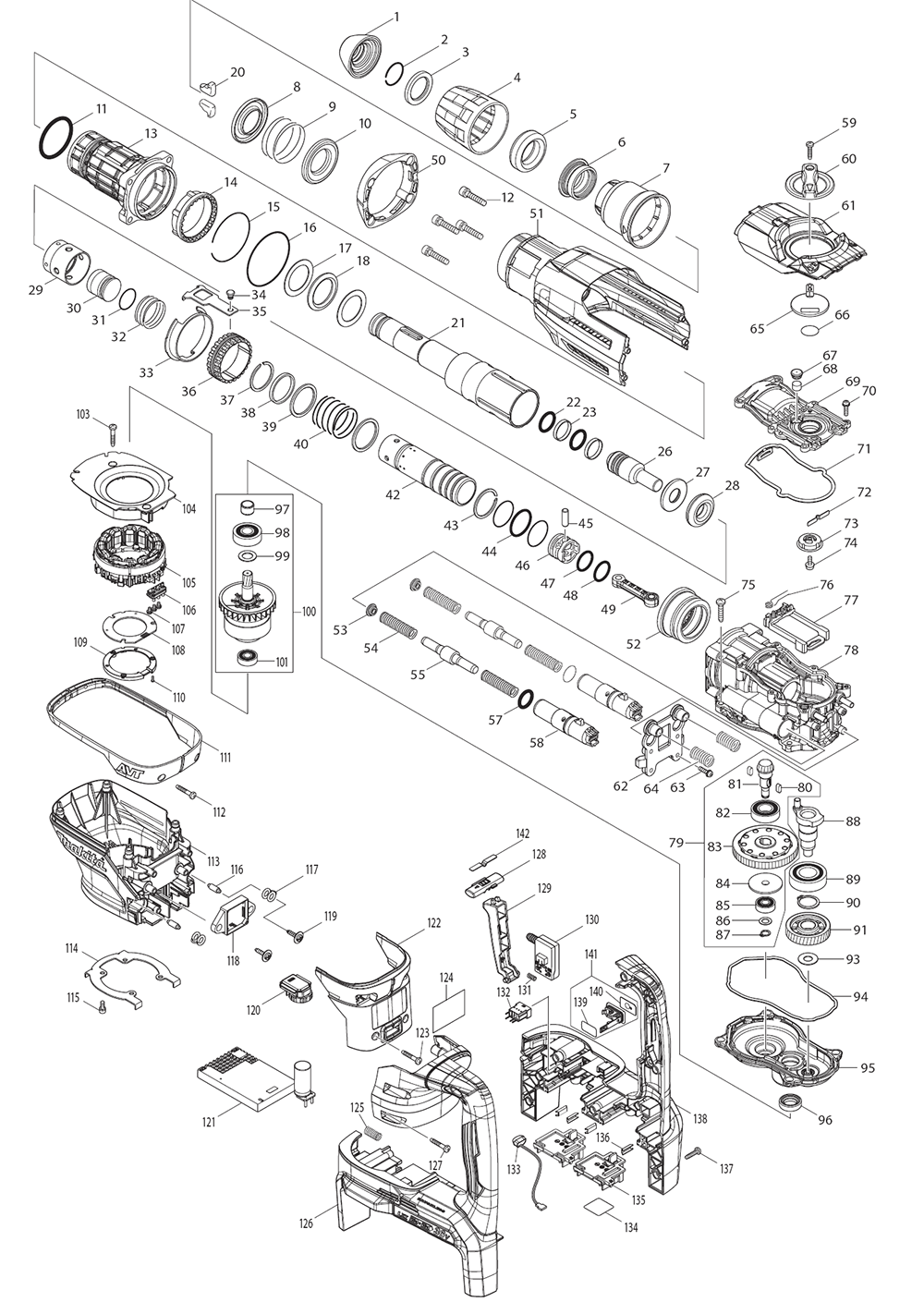 Fig-0 Diagram and Parts List for XRH07ZKUN  Makita Hammer Drill
