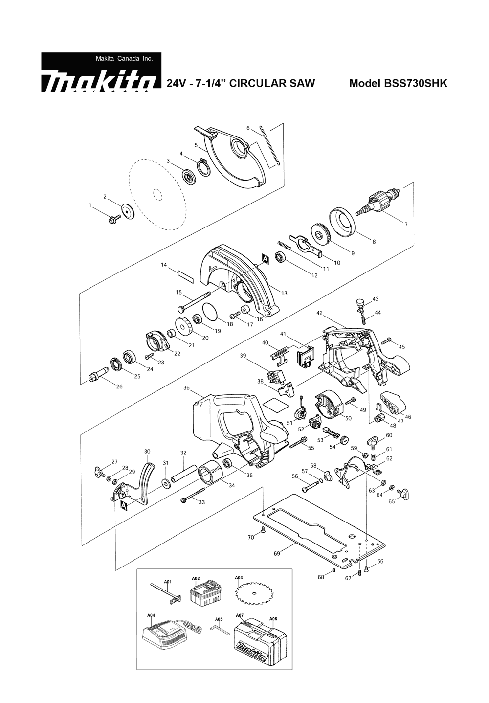 Page 1 Diagram and Parts List for BSS730SHK  Makita Saw