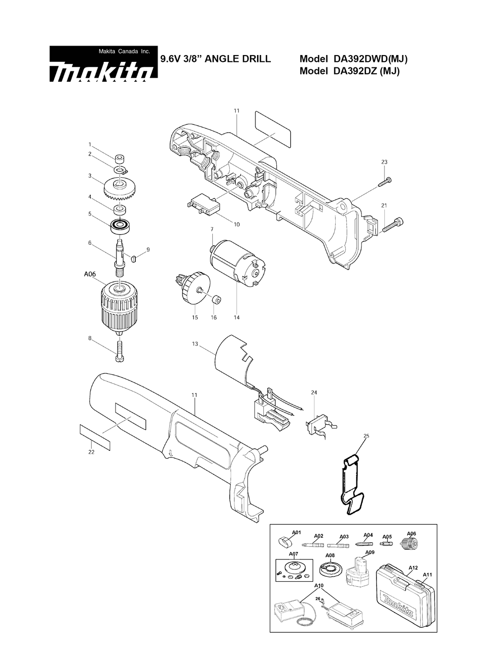 Page 1 Diagram and Parts List for DA392DWD  Makita Drill