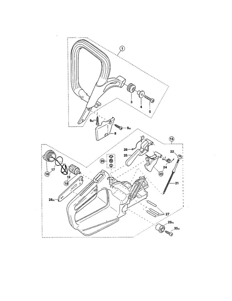 Fuel Tank, Tubular Grip Diagram and Parts List for DCS540-18  Makita Chainsaw