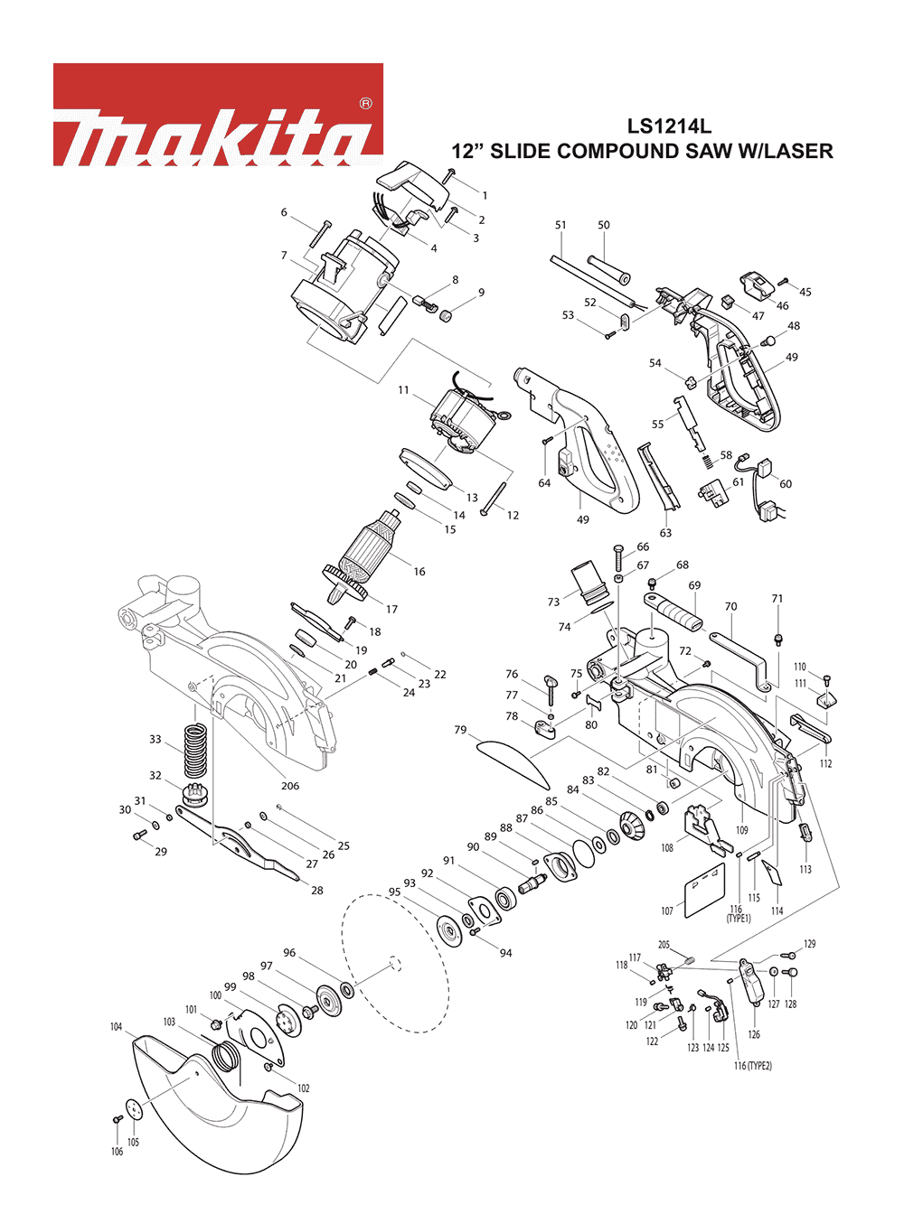 Page 2 Diagram and Parts List for LS1214LX1 Type 1 Makita Saw