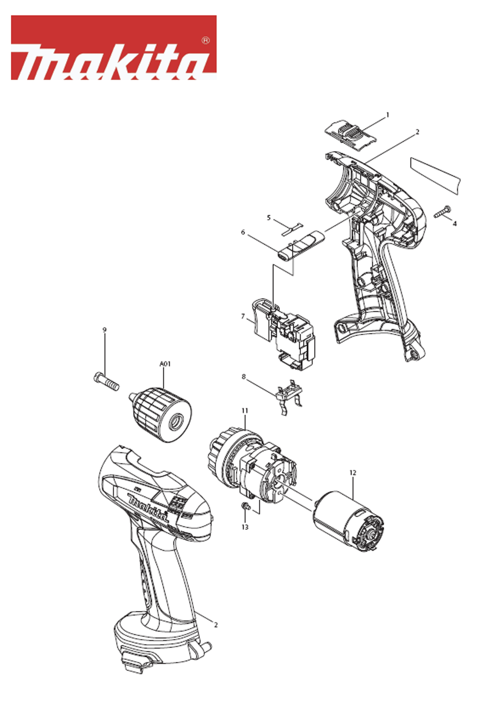Page 1 Diagram and Parts List for 6281DWPET2 Type 1 Makita Drill