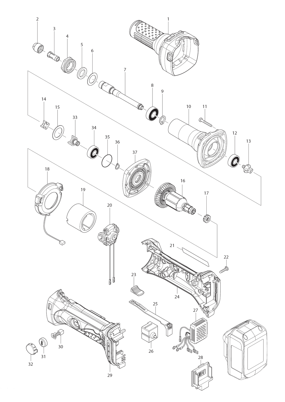 Page 1 Diagram and Parts List for XDG01  Makita Grinder