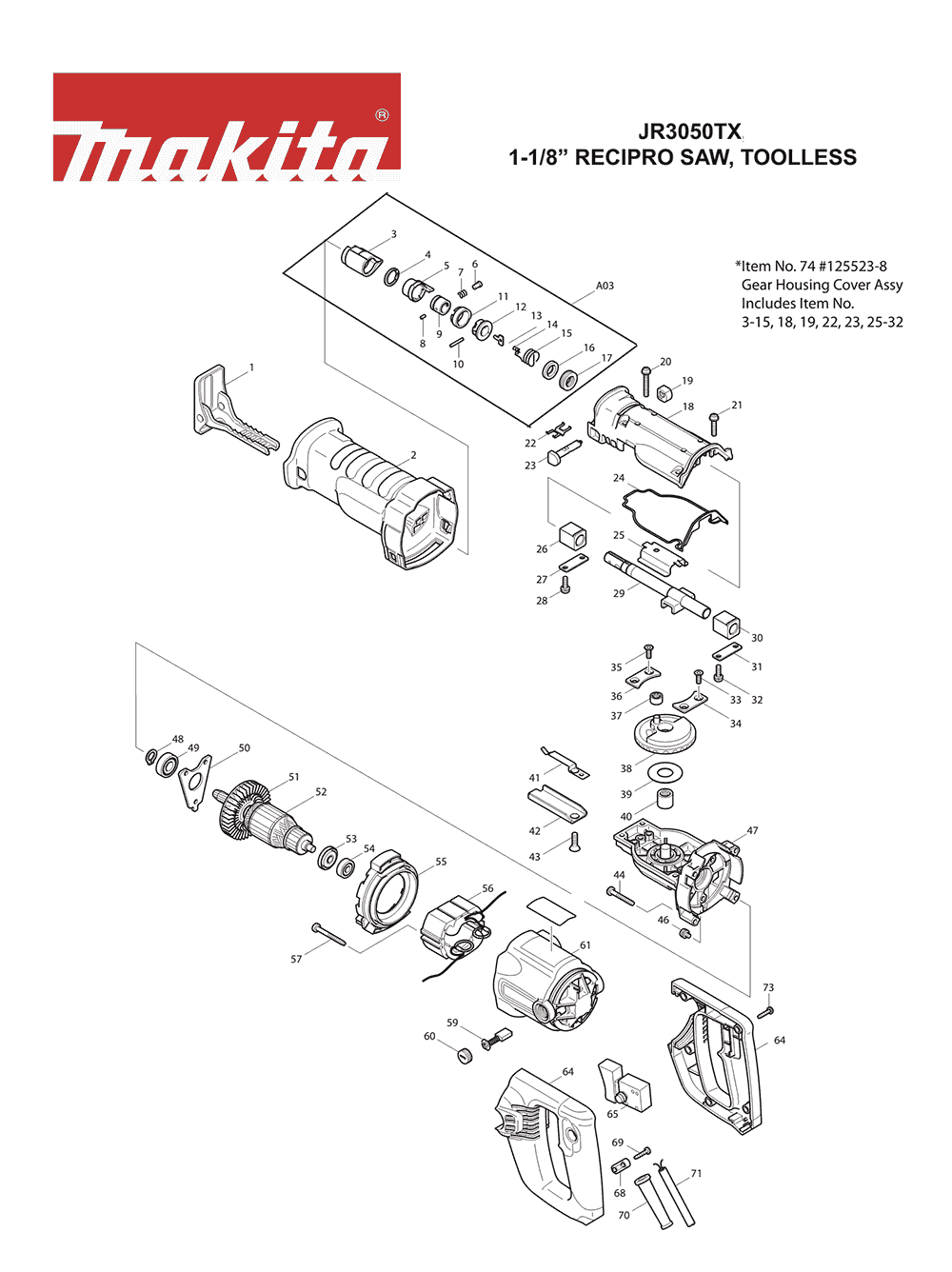 Page 1 Diagram and Parts List for JR3050TX Type 2 Makita Saw