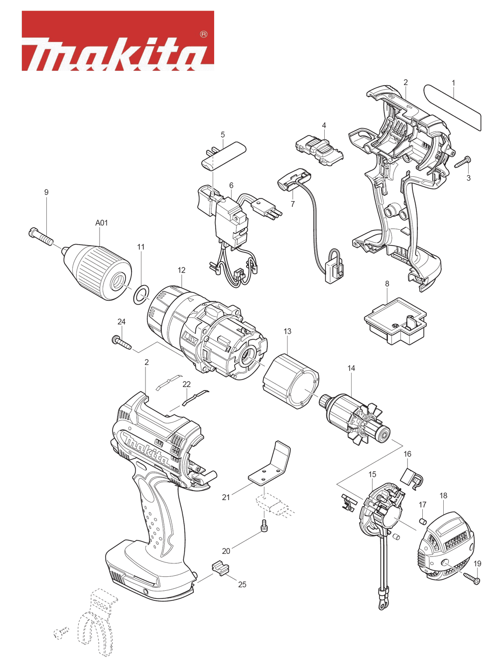 Page 1 Diagram and Parts List for BHP454F Type 3 Makita Drill