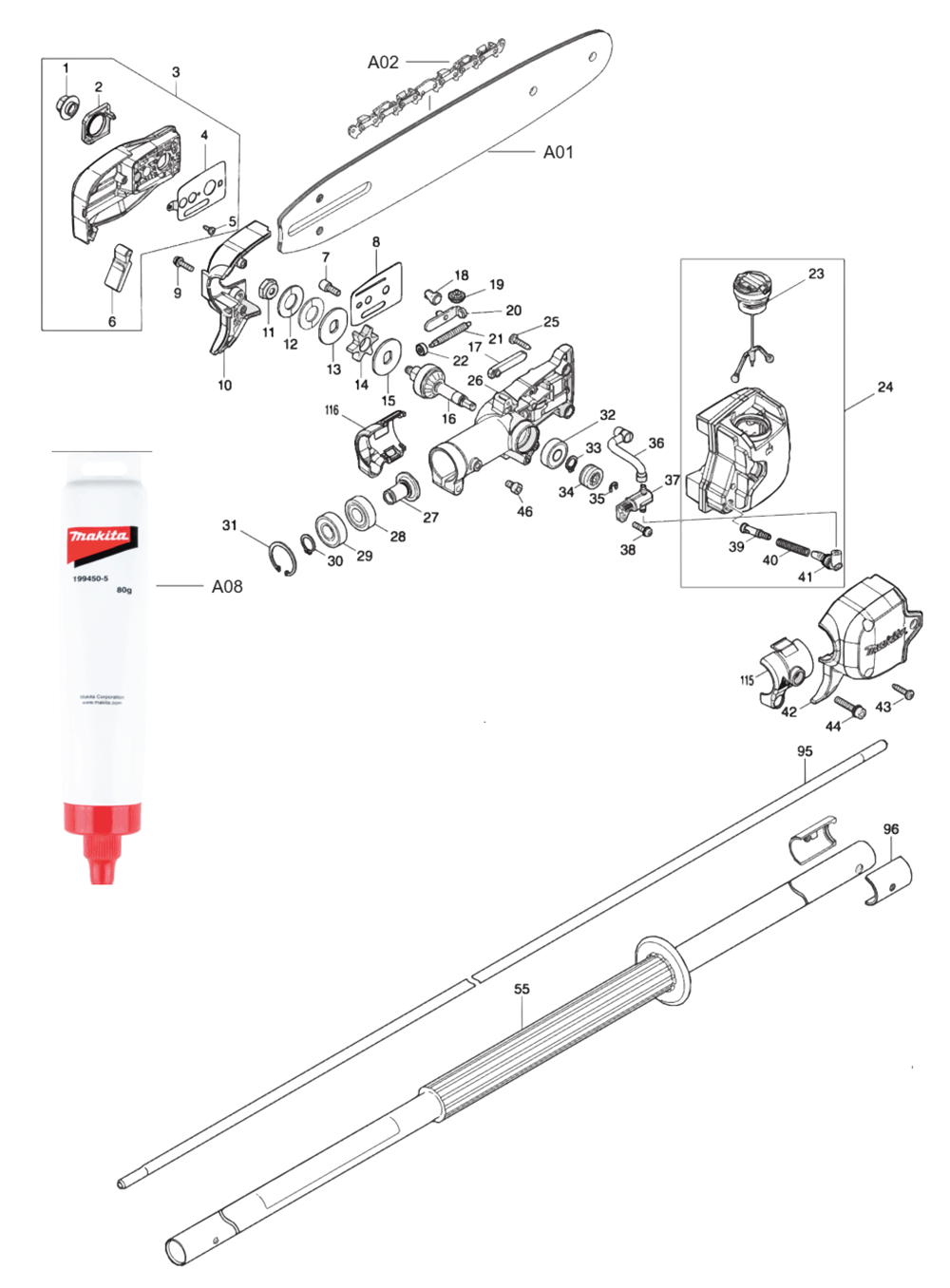 Fig-0 Diagram and Parts List for XAU01PTB  Makita Pole Saw