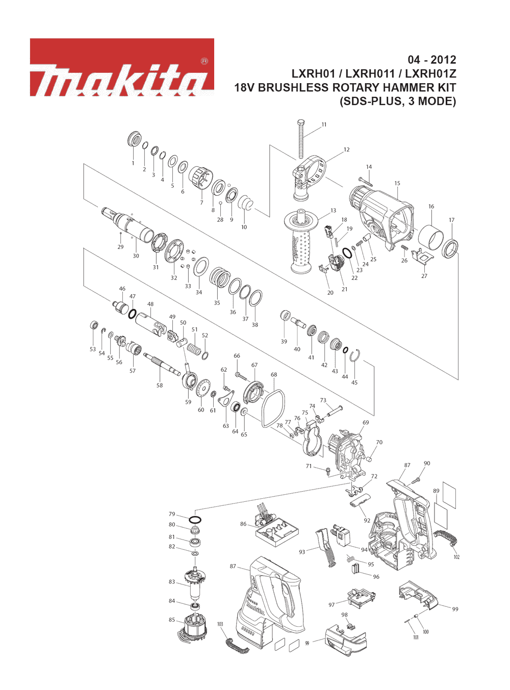 Page 1 Diagram and Parts List for LXRH011 Type 3 Makita Hammer