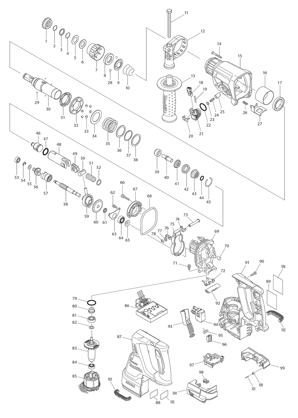Page 1 Diagram and Parts List for XRH01T  Makita Hammer