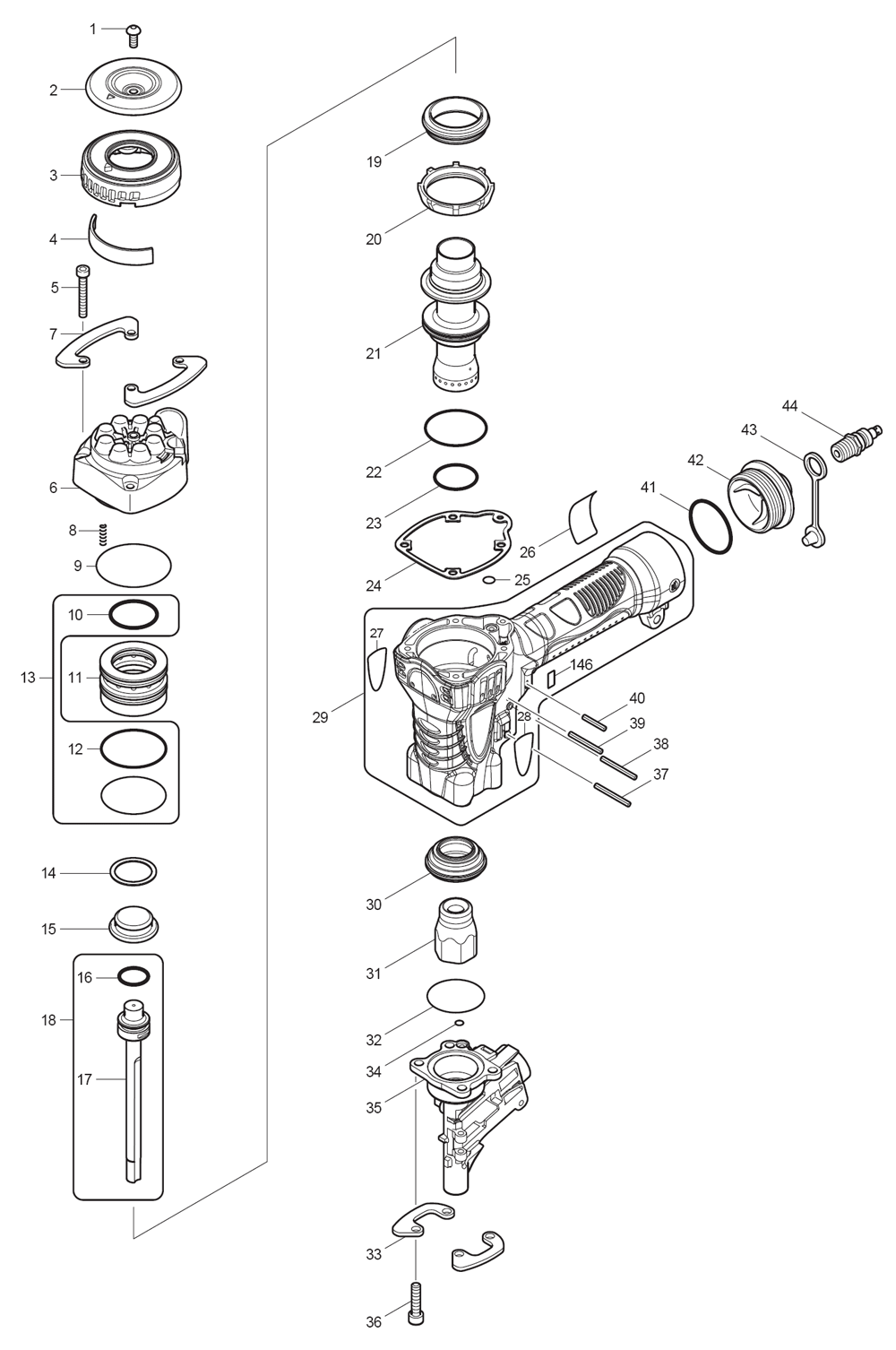 Page 2 Diagram and Parts List for AN450H Type 1 Makita Nailer