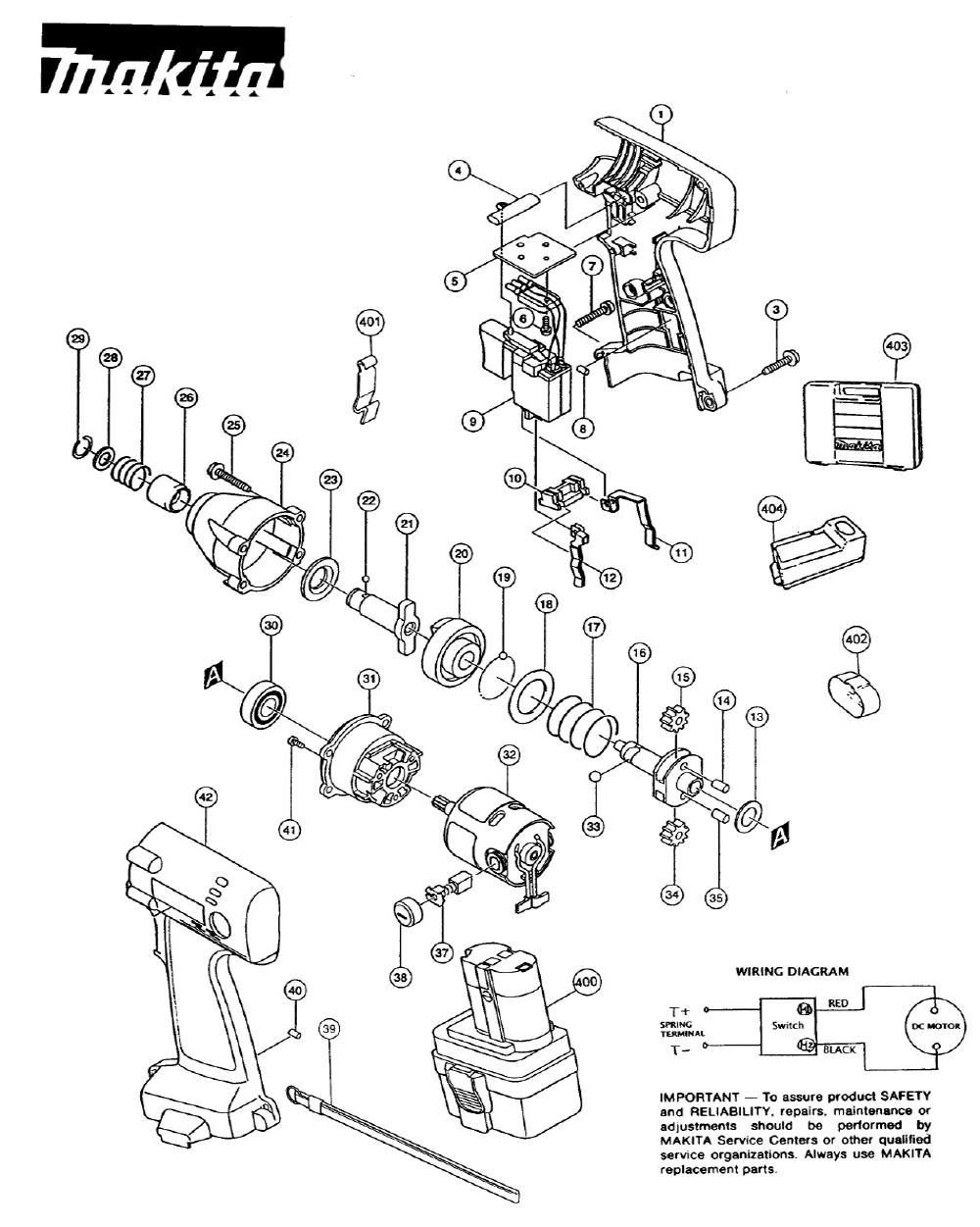 Page 1 Diagram and Parts List for 6908DWAE  Makita Drill