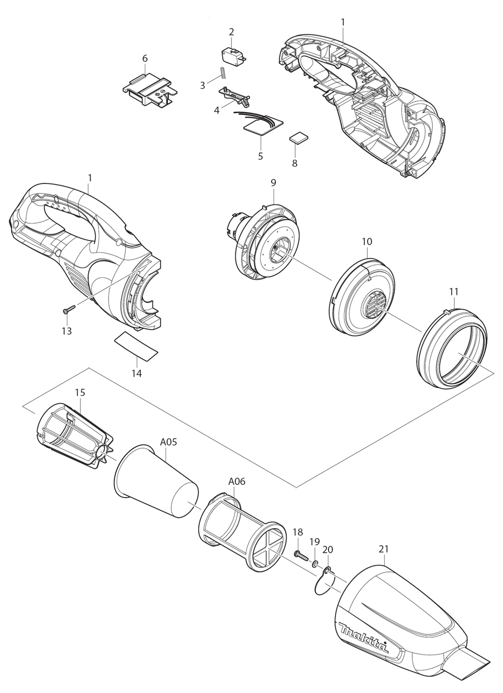 Page 1 Diagram and Parts List for BCL180Z Type 1 Makita Upright Vacuum
