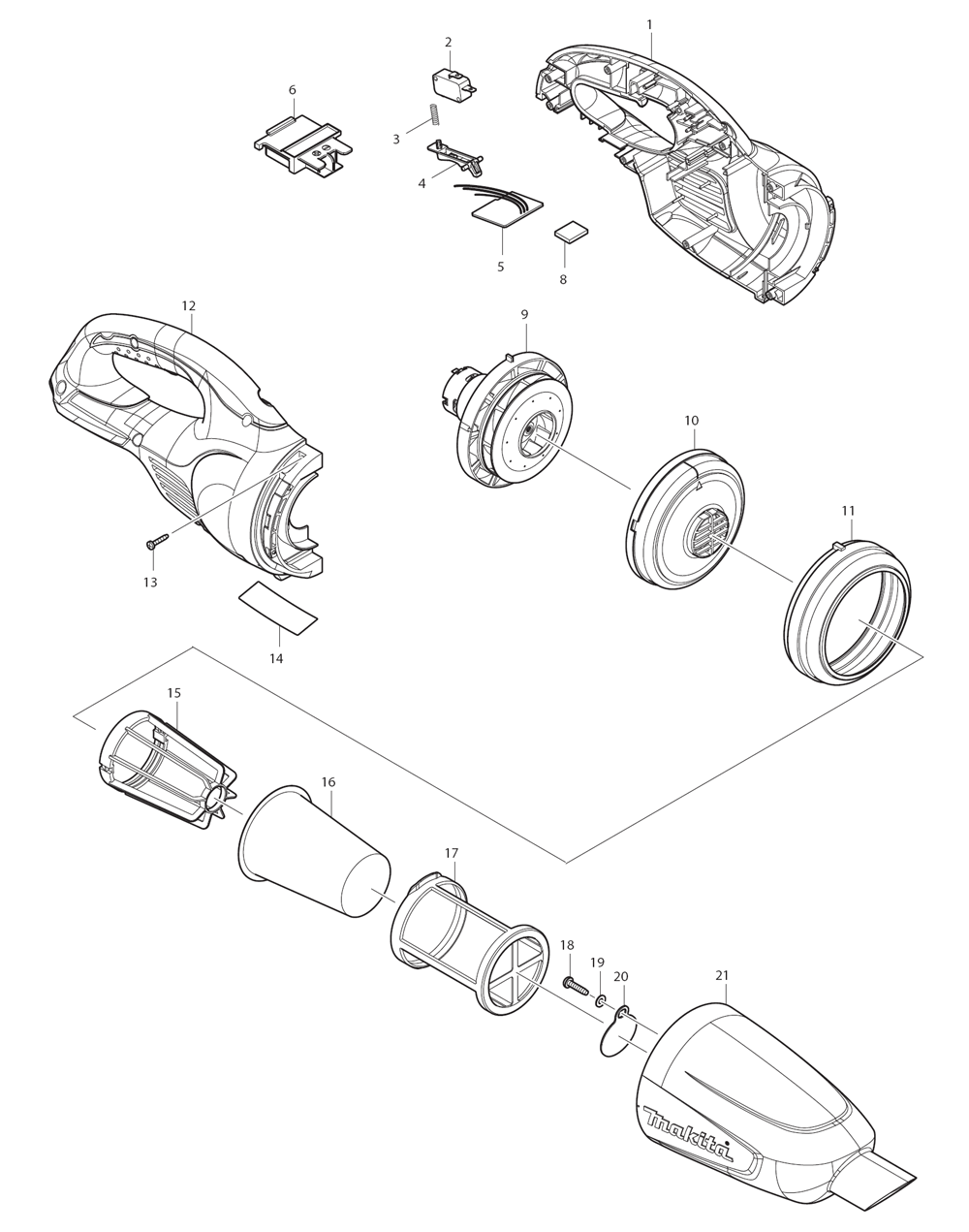 Page 1 Diagram and Parts List for XLC02ZW  Makita Upright Vacuum