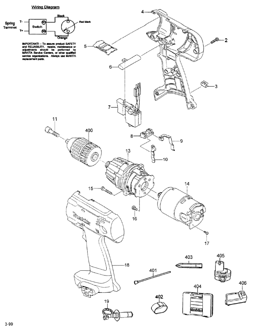 Page 1 Diagram and Parts List for 6336DWDE  Makita Drill