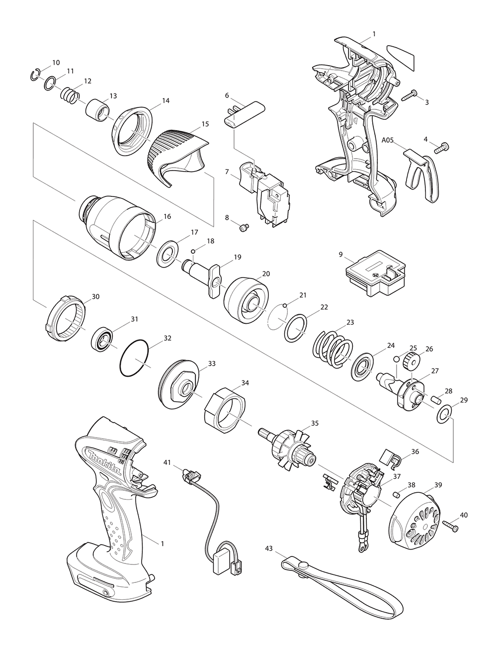 Page 1 Diagram and Parts List for BTD130F Type 2 Makita Drill