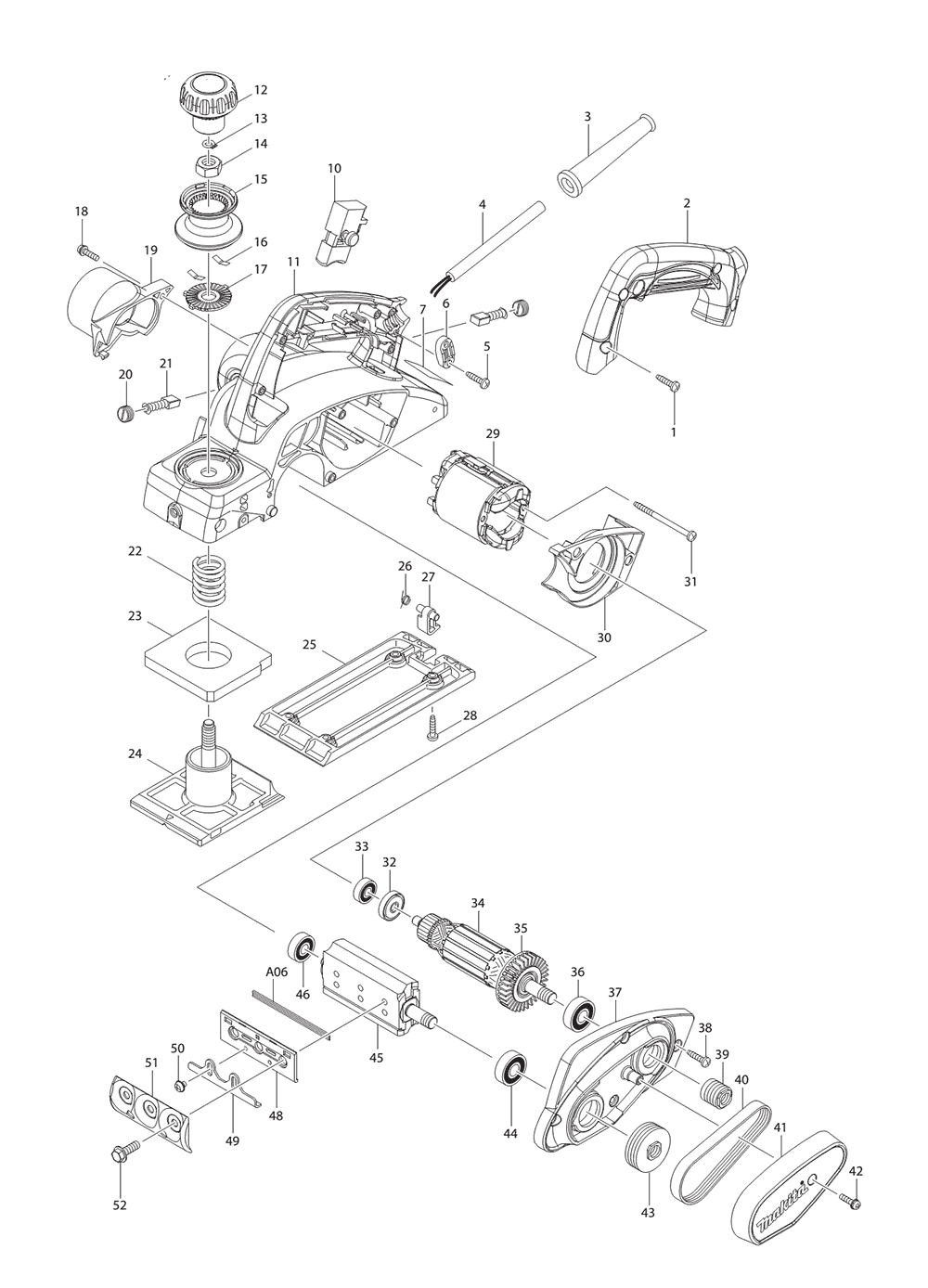 Page 1 Diagram and Parts List for KP0800 Type 2 Makita Planer Jointer