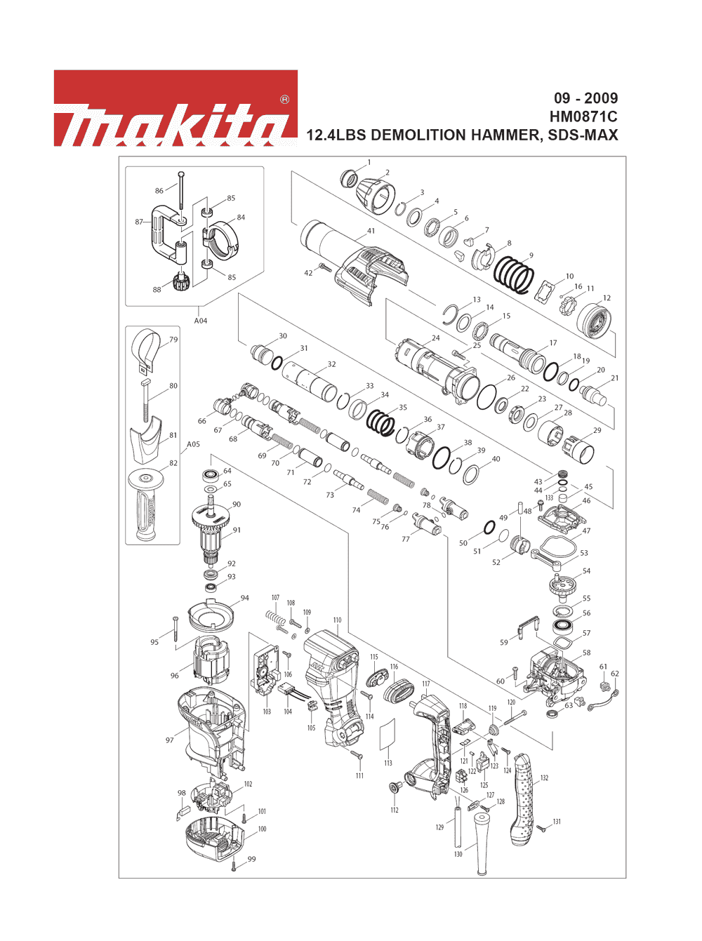 Page 1 Diagram and Parts List for HM0871C Type 1 Makita Demolition Hammer