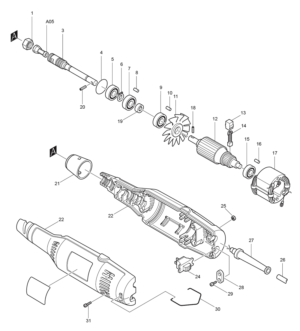 Fig-0 Diagram and Parts List for 906 Type-1 Makita Sander Grinder