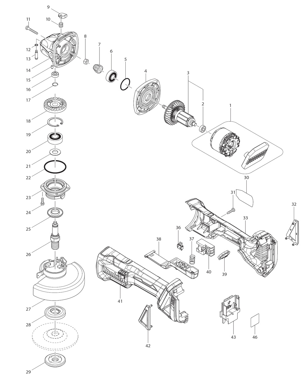 Page 1 Diagram and Parts List for XAG06M  Makita Grinder