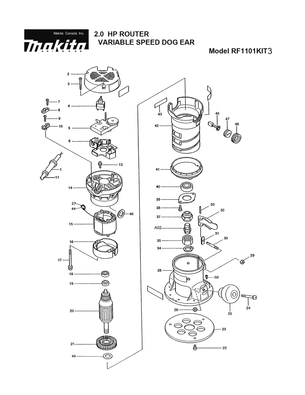 Page 2 Diagram and Parts List for RF1101KIT3  Makita Router