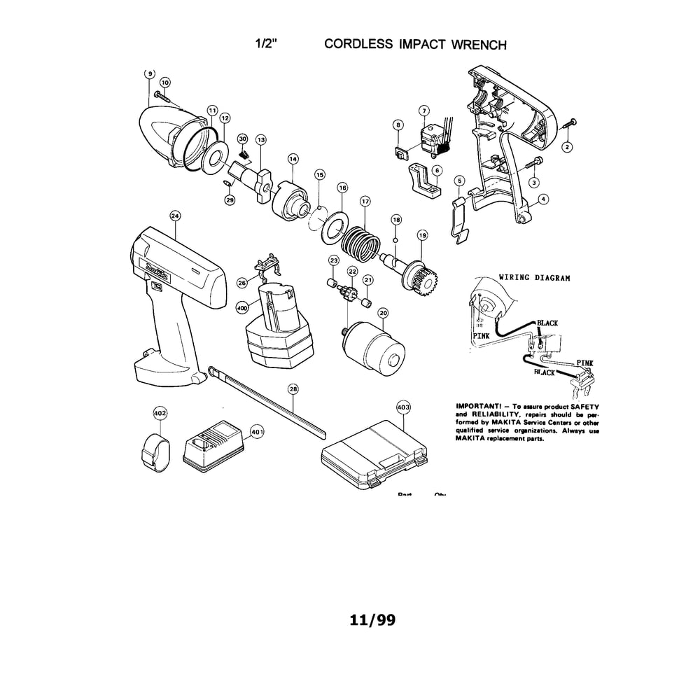 1/2-Inch Cordless Impact Wrench Diagram and Parts List for 6911HDW  Makita Wrench