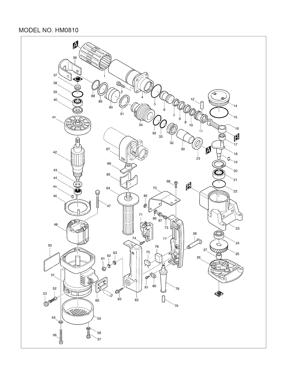 Page 1 Diagram and Parts List for HM0810  Makita Demolition Hammer