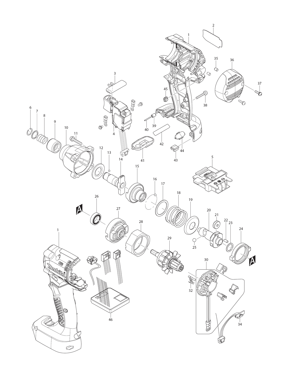 Page 2 Diagram and Parts List for BTD044Z Type 1 Makita Drill