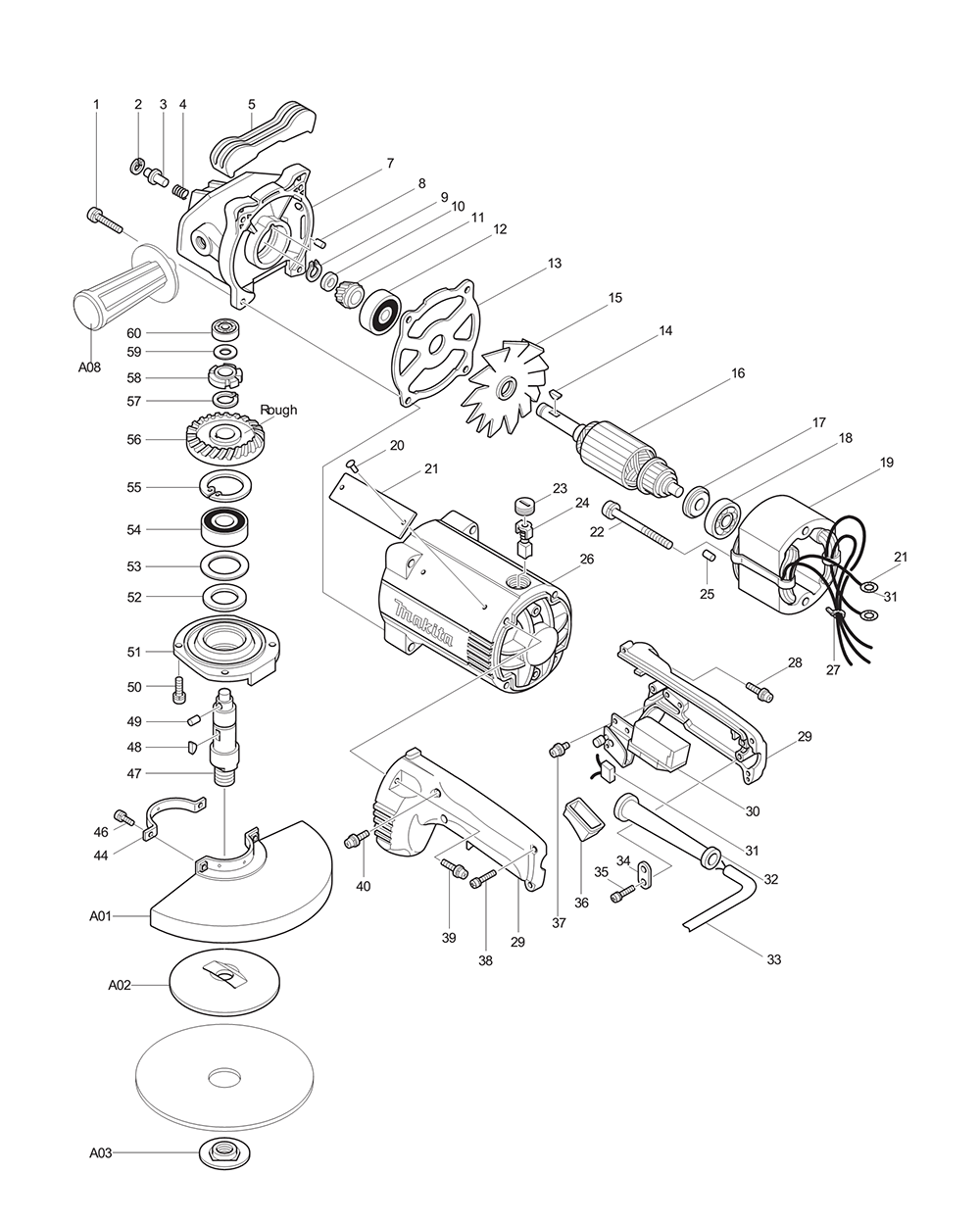 Page 1 Diagram and Parts List for 9607NB Type 2 Makita Grinder