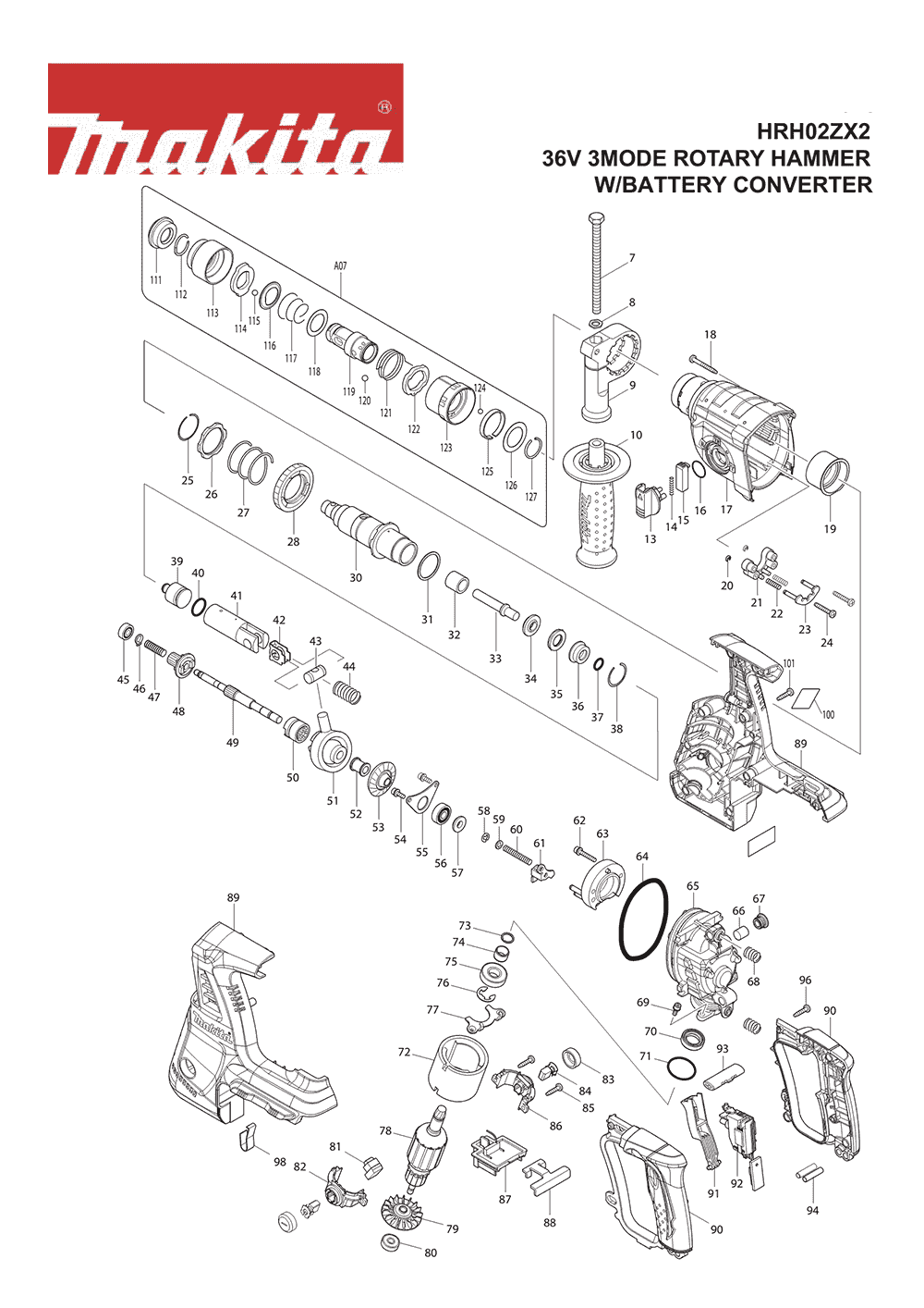 Page 1 Diagram and Parts List for HRH02ZX2 Type 1 Makita Hammer