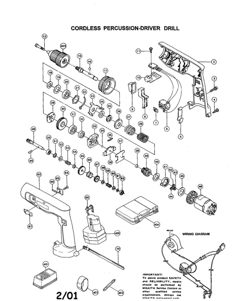 Cordless Percussion-Driver Drill Diagram and Parts List for 8412DWG  Makita Drill