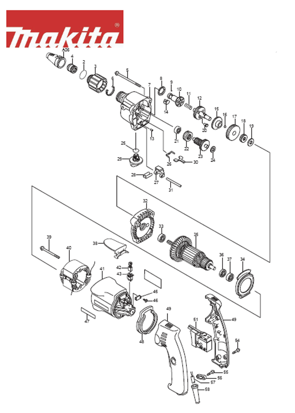 Page 1 Diagram and Parts List for 6807 Type 2 Makita Screwdriver