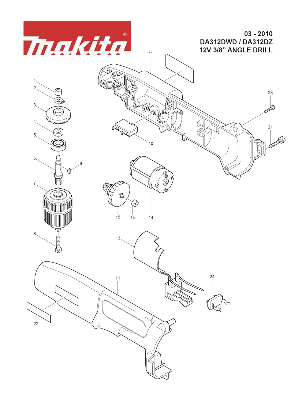 Page 1 Diagram and Parts List for DA312DZ  Makita Drill