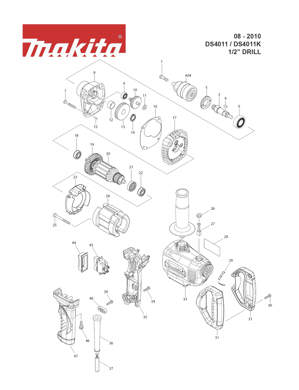 Page 1 Diagram and Parts List for DS4011K  Makita Drill