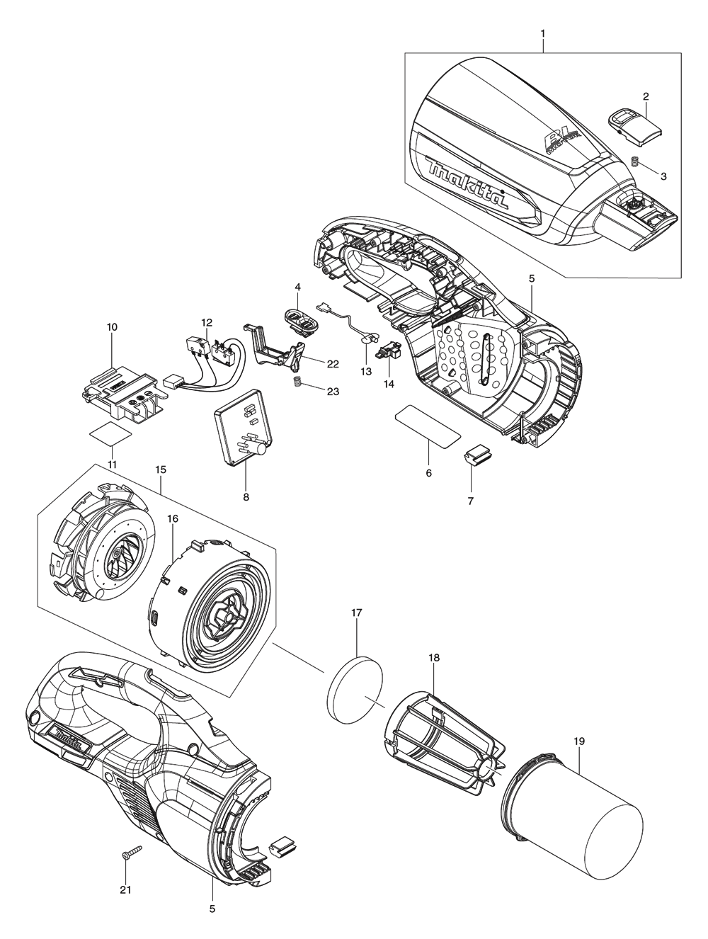 Fig-0 Diagram and Parts List for DCL280FZ  Makita Hand Vacuum