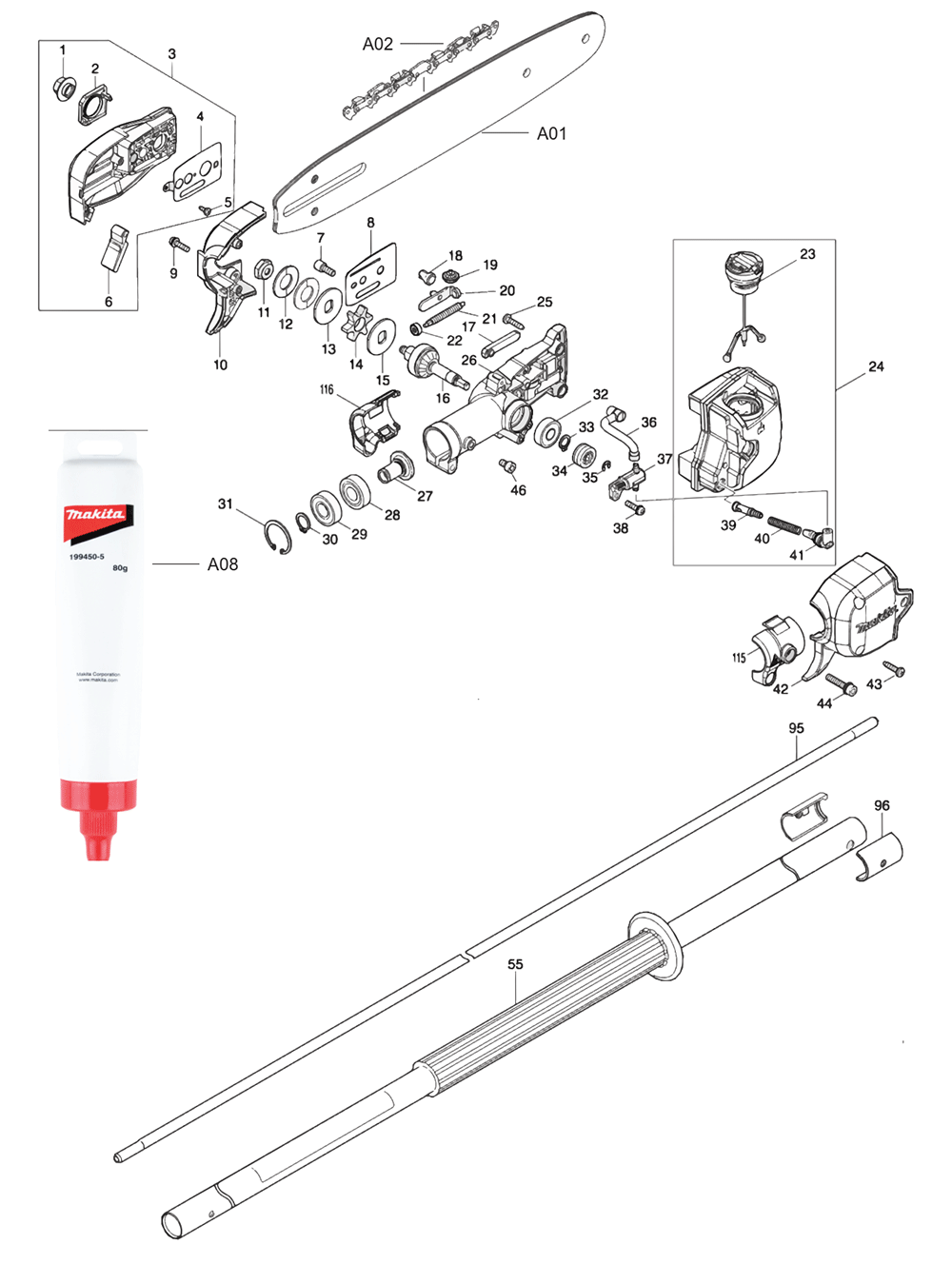 Fig-0 Diagram and Parts List for XAU01ZB  Makita Pole Saw