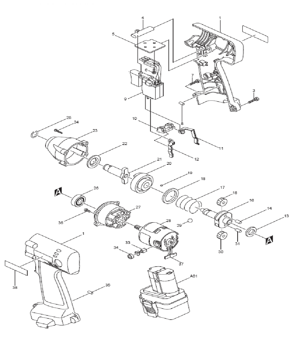 Page 1 Diagram and Parts List for 6909DWDE  Makita Drill
