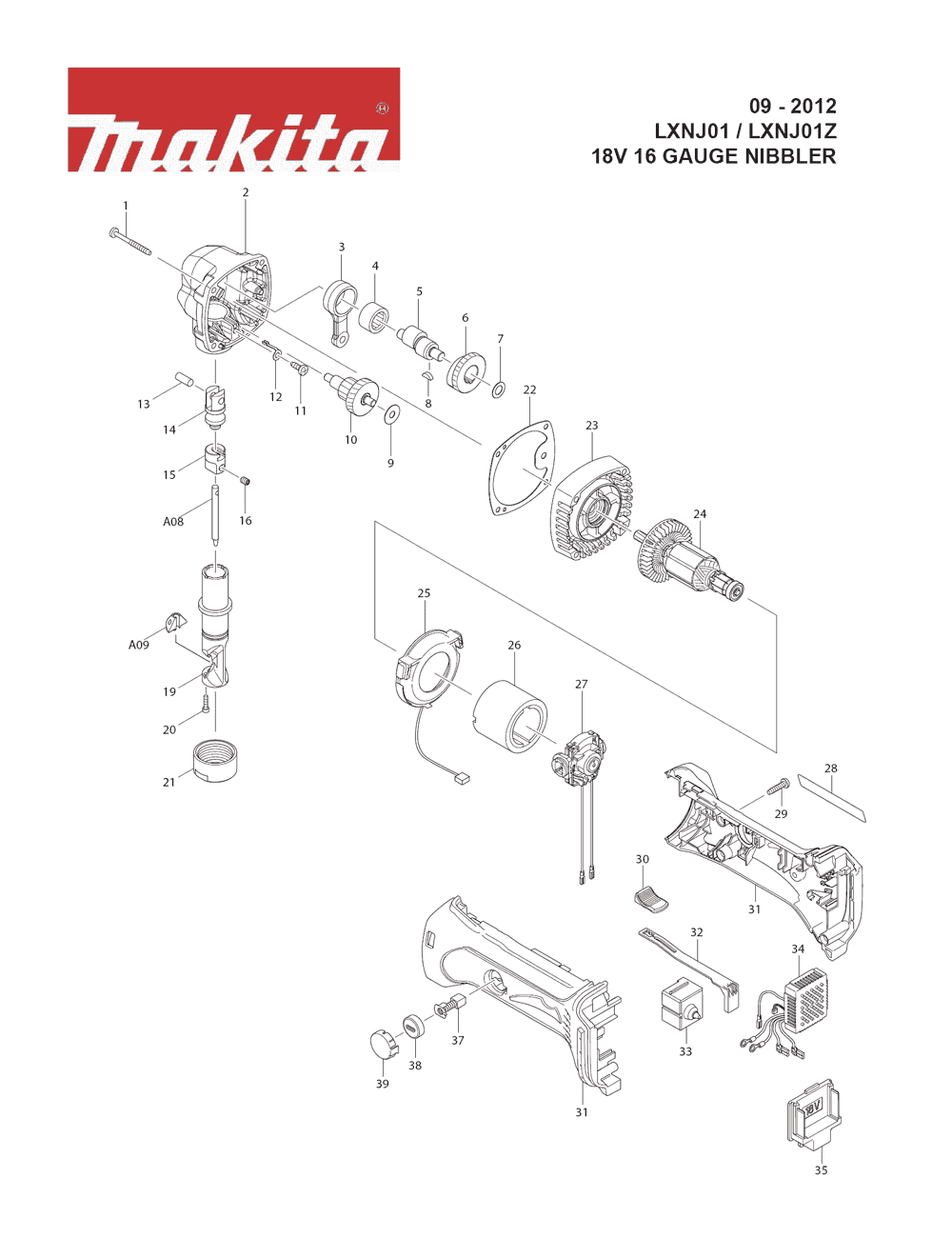 Page 1 Diagram and Parts List for LXNJ01 Type 1 Makita Nibbler & Shears