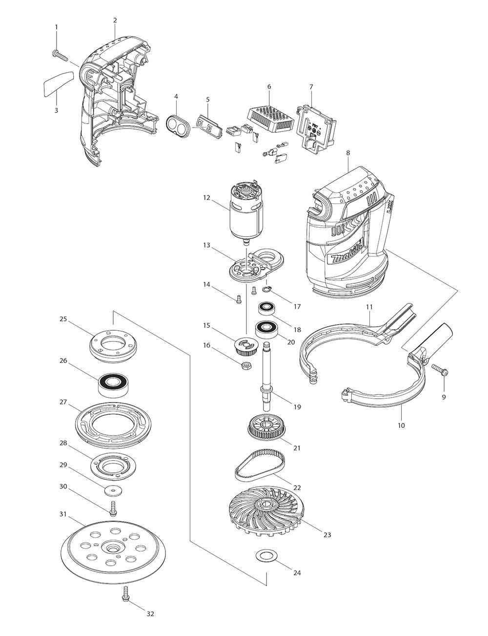 Page 1 Diagram and Parts List for XOB01T  Makita Sander