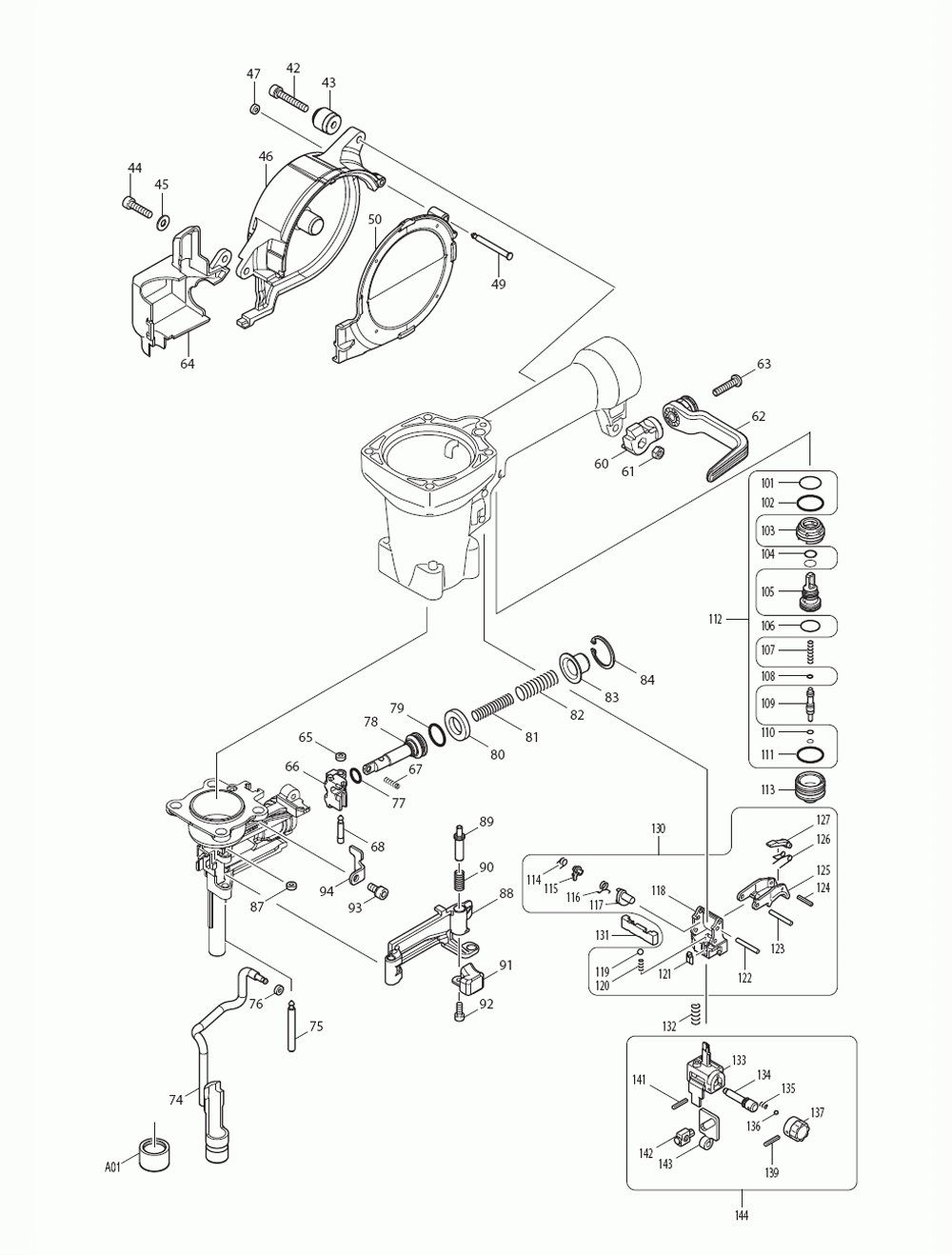 Page 1 Diagram and Parts List for AN250HC Type 1 Makita Nailer