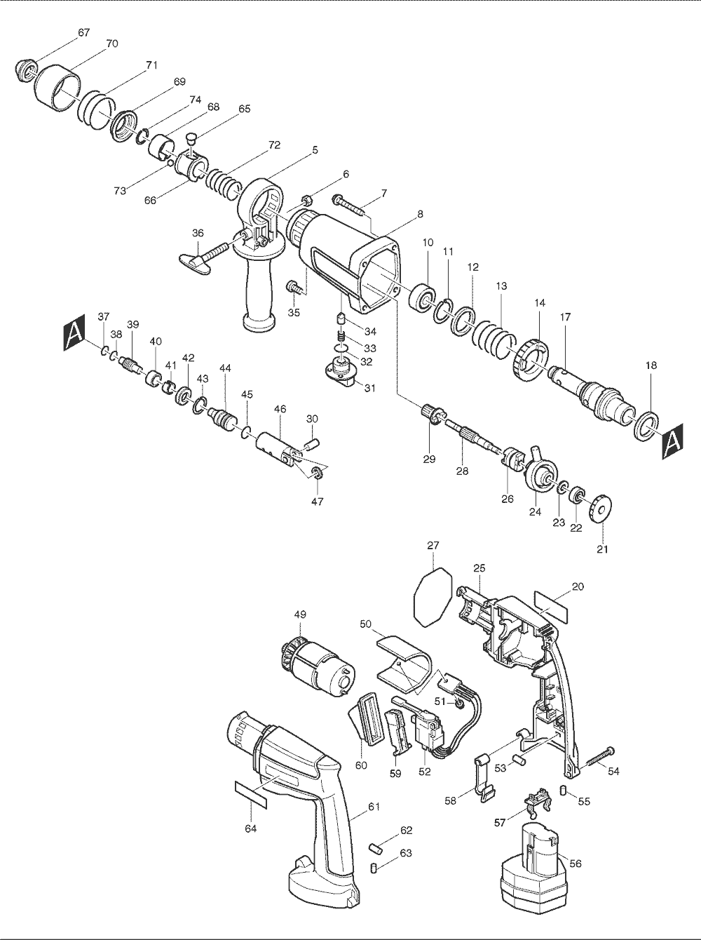 Page 1 Diagram and Parts List for HR160DWA  Makita Drill