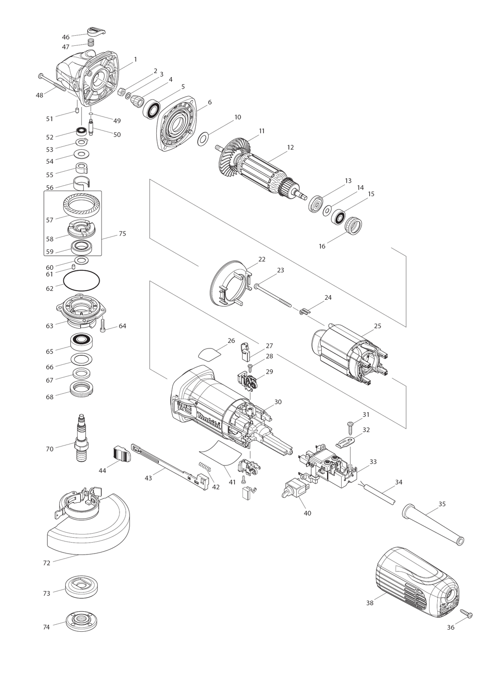Page 1 Diagram and Parts List for GA5040X1  Makita Grinder