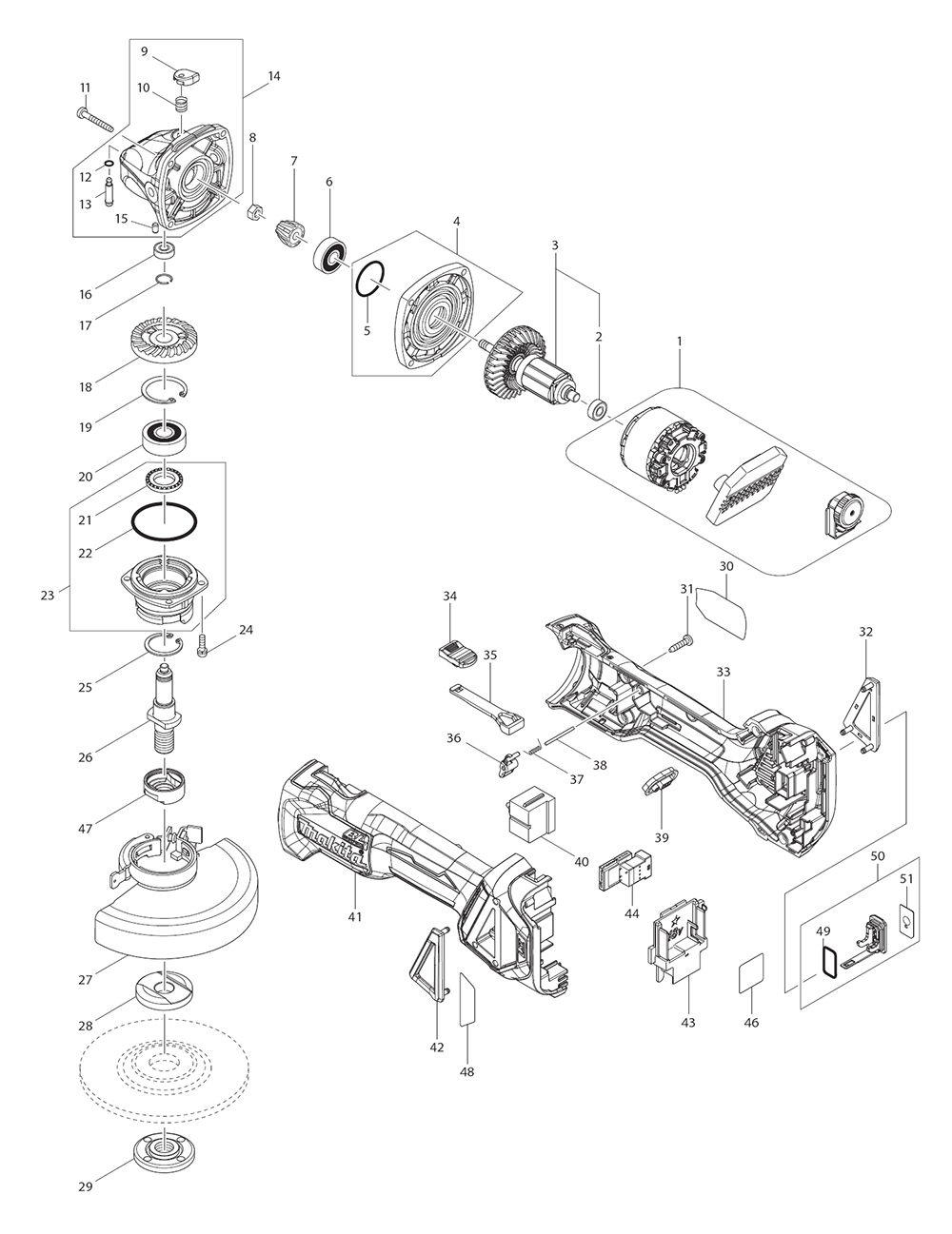Page 1 Diagram and Parts List for XAG17ZU  Makita Grinder