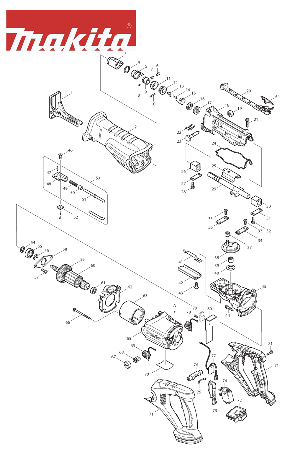 Page 1 Diagram and Parts List for BJR181X Type 3 Makita Saw